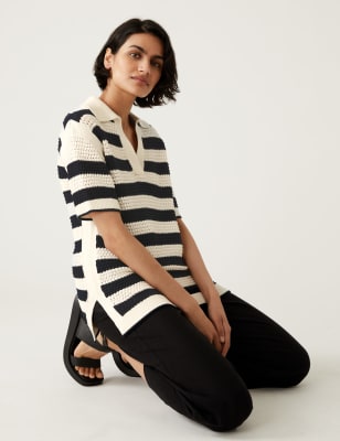 

Womens M&S Collection Pure Cotton Striped Collared Knitted Top - Navy Mix, Navy Mix