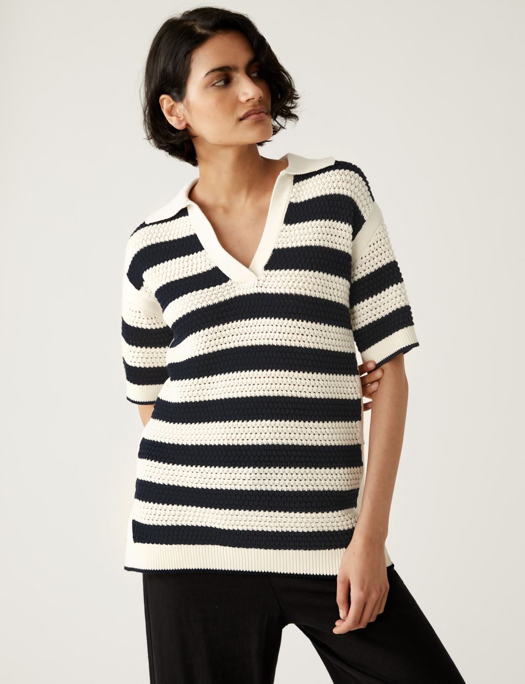 Pure Cotton Striped Collared Knitted Top image 2