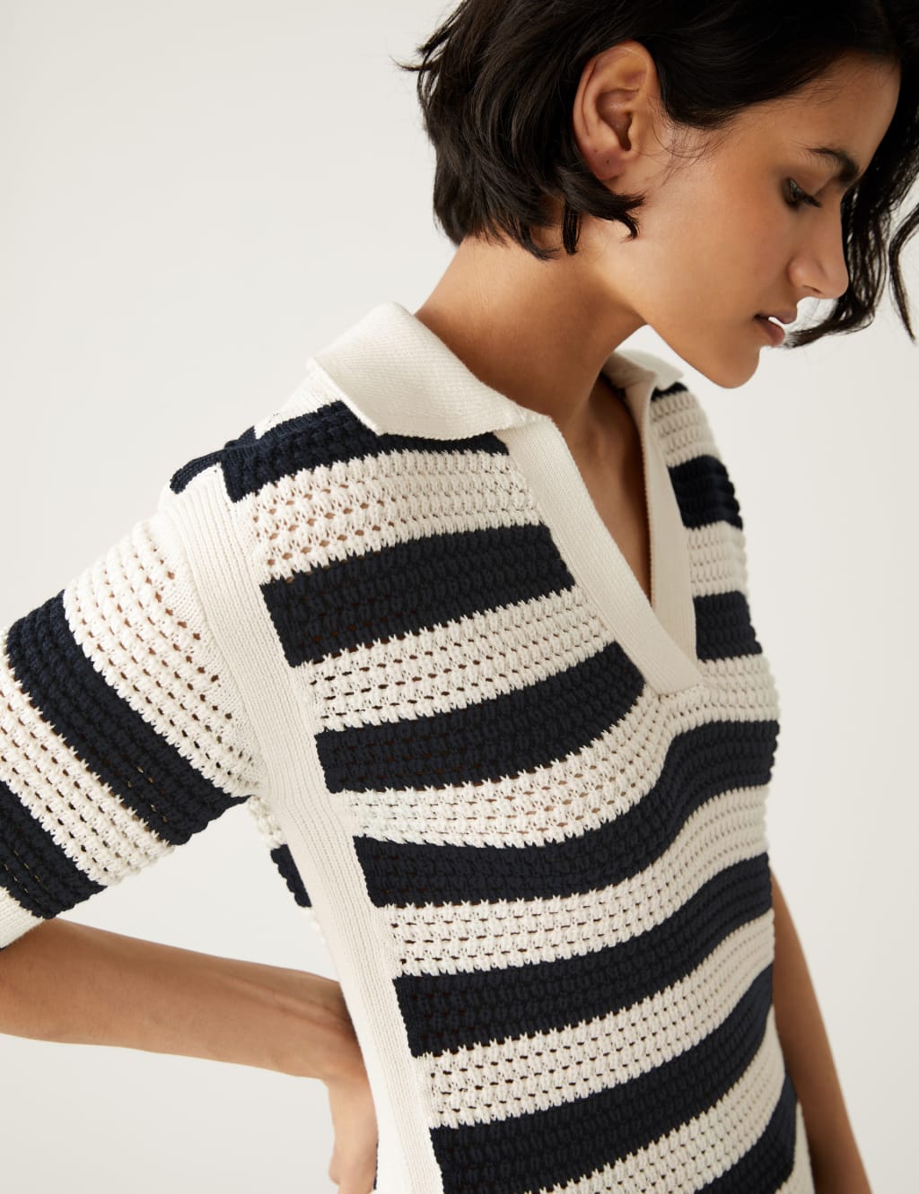 Pure Cotton Striped Collared Knitted Top image 4