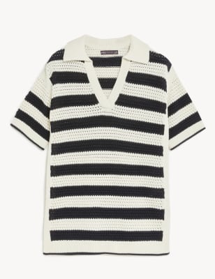 Pure Cotton Striped Collared Knitted Top