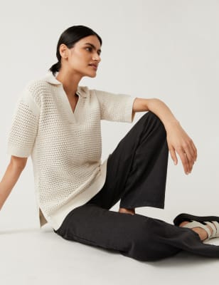 

Womens M&S Collection Pure Cotton Collared Knitted Top - Ivory, Ivory