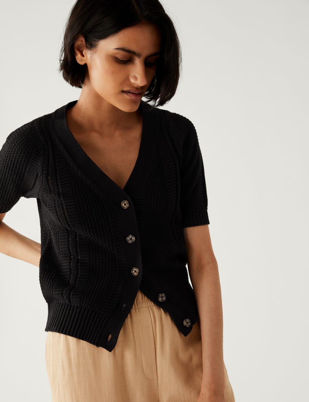 Cotton Rich Textured V-Neck Cardigan image 3