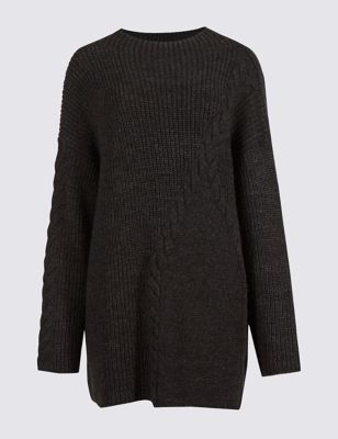 Cable Knit Longline Round Neck Jumper | M&S