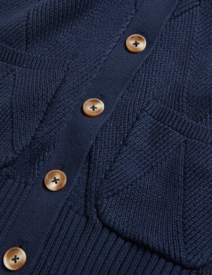 

Womens M&S Collection Strukturierte Strickjacke mit hohem Baumwollanteil und V-Ausschnitt - Navy, Navy