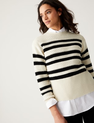 

Womens M&S Collection Cotton Rich Striped Crew Neck Jumper - Black Mix, Black Mix