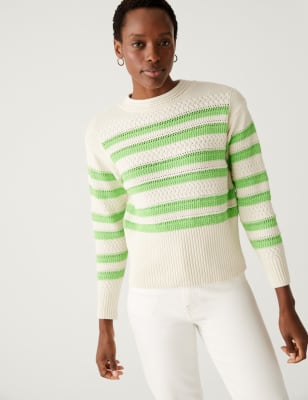 

Womens M&S Collection Gestreifter Pullover mit Rundhalsausschnitt und hohem Baumwollanteil - Lime Mix, Lime Mix