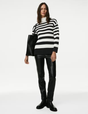 

Womens M&S Collection Cotton Rich Striped Funnel Neck Jumper - Black Mix, Black Mix