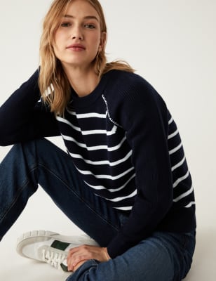 

Womens M&S Collection Cotton Rich Striped Crew Neck Jumper - Navy Mix, Navy Mix