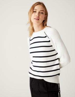 

M&S Collection Jersey de rayas de algodón con escote cerradoWomens - Cream Mix, Cream Mix