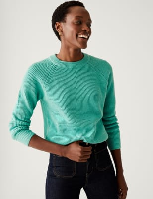 

Womens M&S Collection Cotton Rich Ribbed Crew Neck Jumper - Medium Seafoam, Medium Seafoam