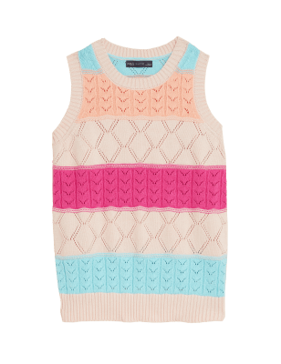 

Womens M&S Collection Gestricktes Pointelle-Trägertop mit hohem Baumwollanteil und Streifenmuster - Light Pink Mix, Light Pink Mix