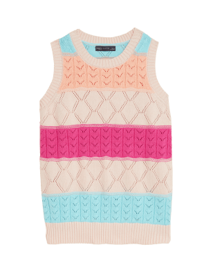 

Womens M&S Collection Cotton Rich Striped Pointelle Knitted Vest - Light Pink Mix, Light Pink Mix