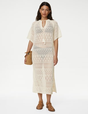 

M&S Collection Vestido de punto con algodón de pointelle de escote en picoWomens - Light Cream, Light Cream