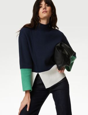 

Womens M&S Collection Cotton With Merino Wool Colour Block Jumper - Navy Mix, Navy Mix