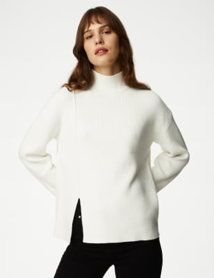 

Womens M&S Collection Cotton Rich Funnel Neck Jumper with Wool - Ivory, Ivory