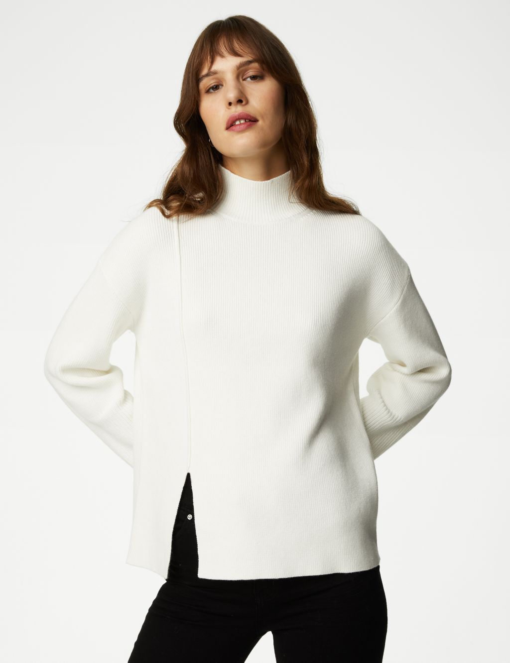 Cotton Rich Funnel Neck Jumper with Wool image 1