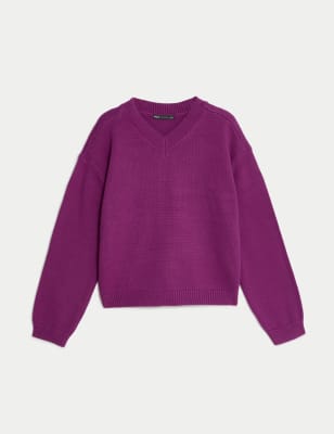 Cotton Rich V-Neck Jumper With Merino Wool