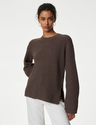 Cotton Rich Ribbed Crew Neck Jumper, M&S Collection