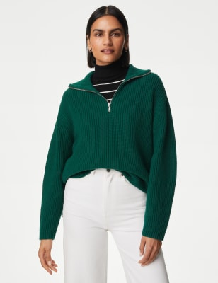 

Womens M&S Collection Cotton Rich Ribbed Jumper With Merino Wool - Hunter Green, Hunter Green