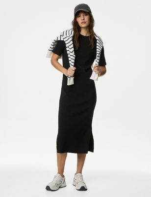 M&S Women's Knitted Crew Neck Split Hem Midi Dress - XS - Black, Black