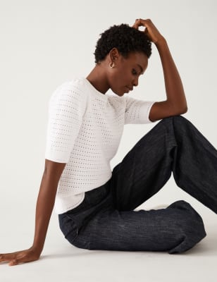 

Womens M&S Collection Cotton Rich Textured Knitted Top - Soft White, Soft White