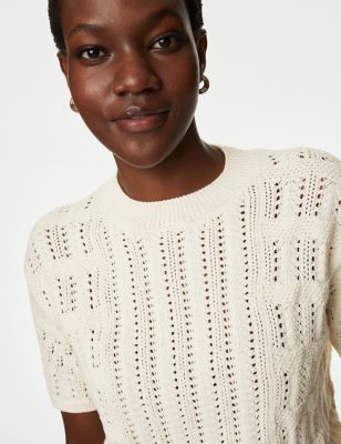 

Womens M&S Collection Cotton Rich Pointelle Knitted Top - Ivory, Ivory