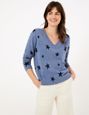 Trui van zuiver katoen met V-hals en sterrenprint