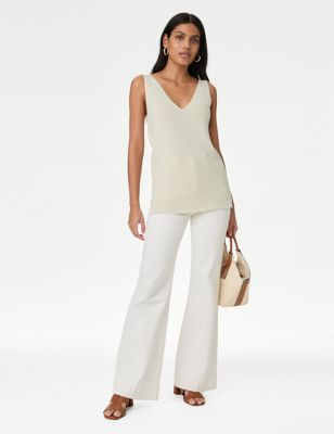 M&S Womens Cotton Rich V-Neck Longline Knitted Vest - XS - Ecru, Ecru
