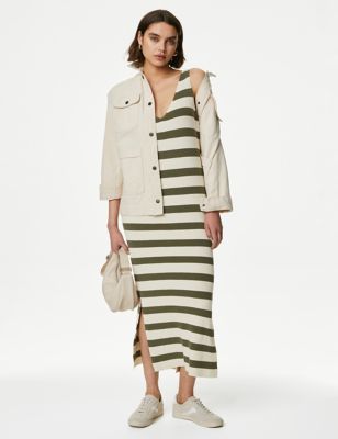 M&S Women's Cotton Rich Knitted Striped V-Neck Midi Dress - Ivory Mix, Ivory Mix