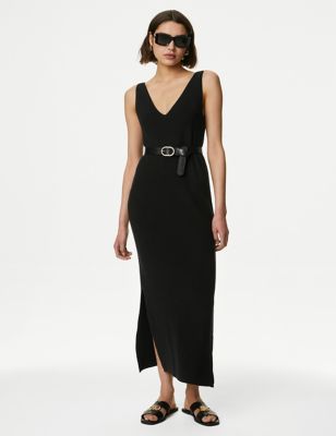 M&S Womens Cotton Rich Knitted V-Neck Midi Column Dress - XS - Black, Black