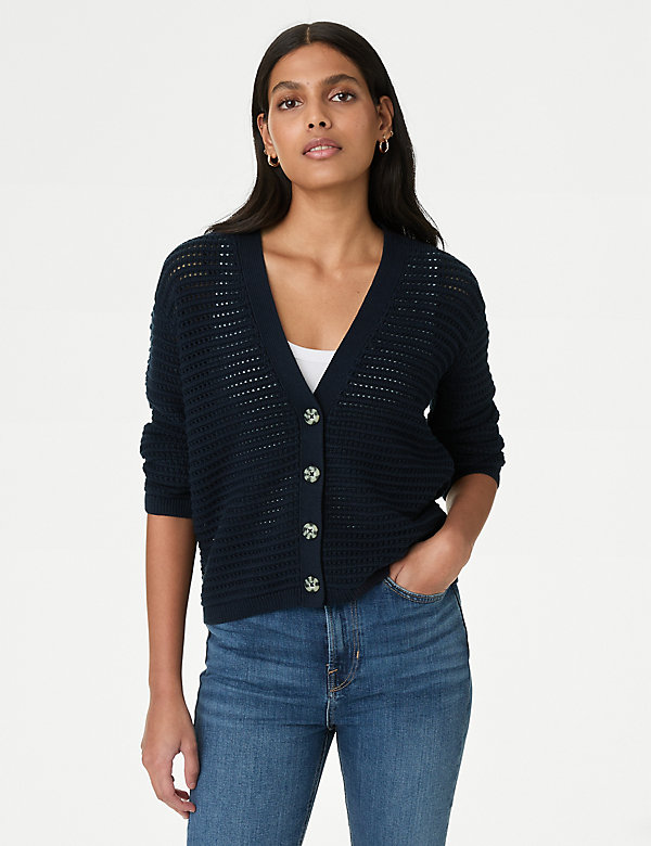 Cotton Rich Textured V-Neck Cardigan - BE