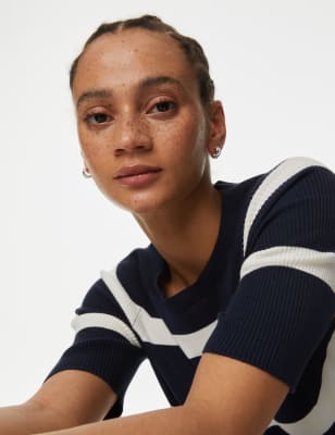 

Womens M&S Collection Cotton Rich Striped Ribbed Knitted Top - Navy Mix, Navy Mix