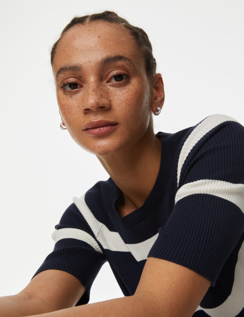 Cotton Rich Striped Ribbed Knitted Top