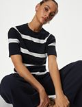 Cotton Rich Striped Ribbed Knitted Top