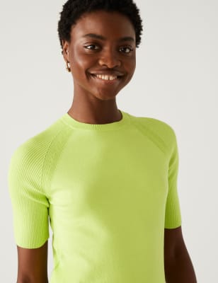 

Womens M&S Collection Cotton Rich Ribbed Crew Neck Knitted Top - Soft Lime, Soft Lime