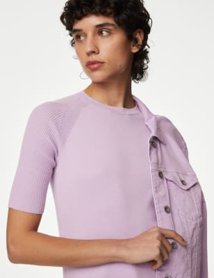 

Womens M&S Collection Geripptes Strickoberteil mit hohem Baumwollanteil und Rundhalsausschnitt - Lilac, Lilac