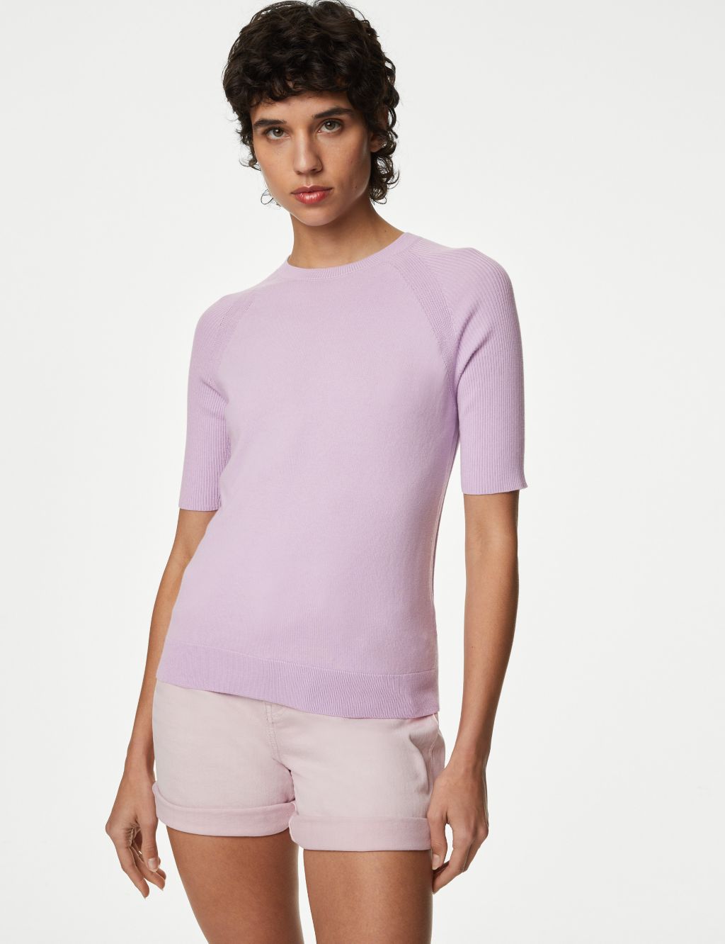 Cotton Rich Ribbed Crew Neck Knitted Top image 3