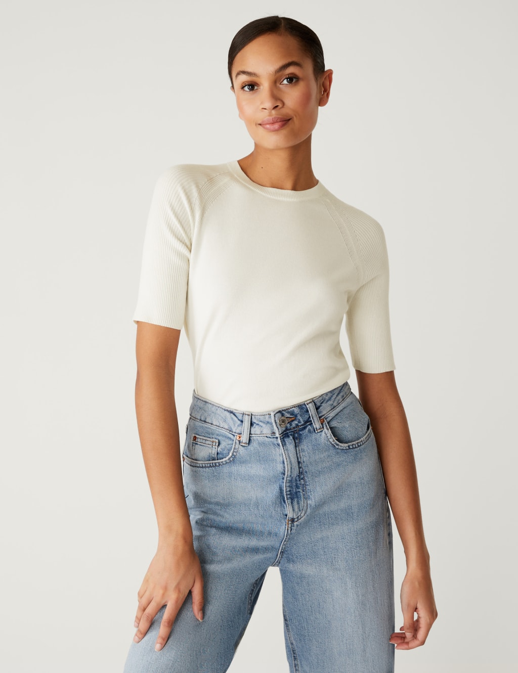 Cotton Rich Ribbed Crew Neck Knitted Top image 2