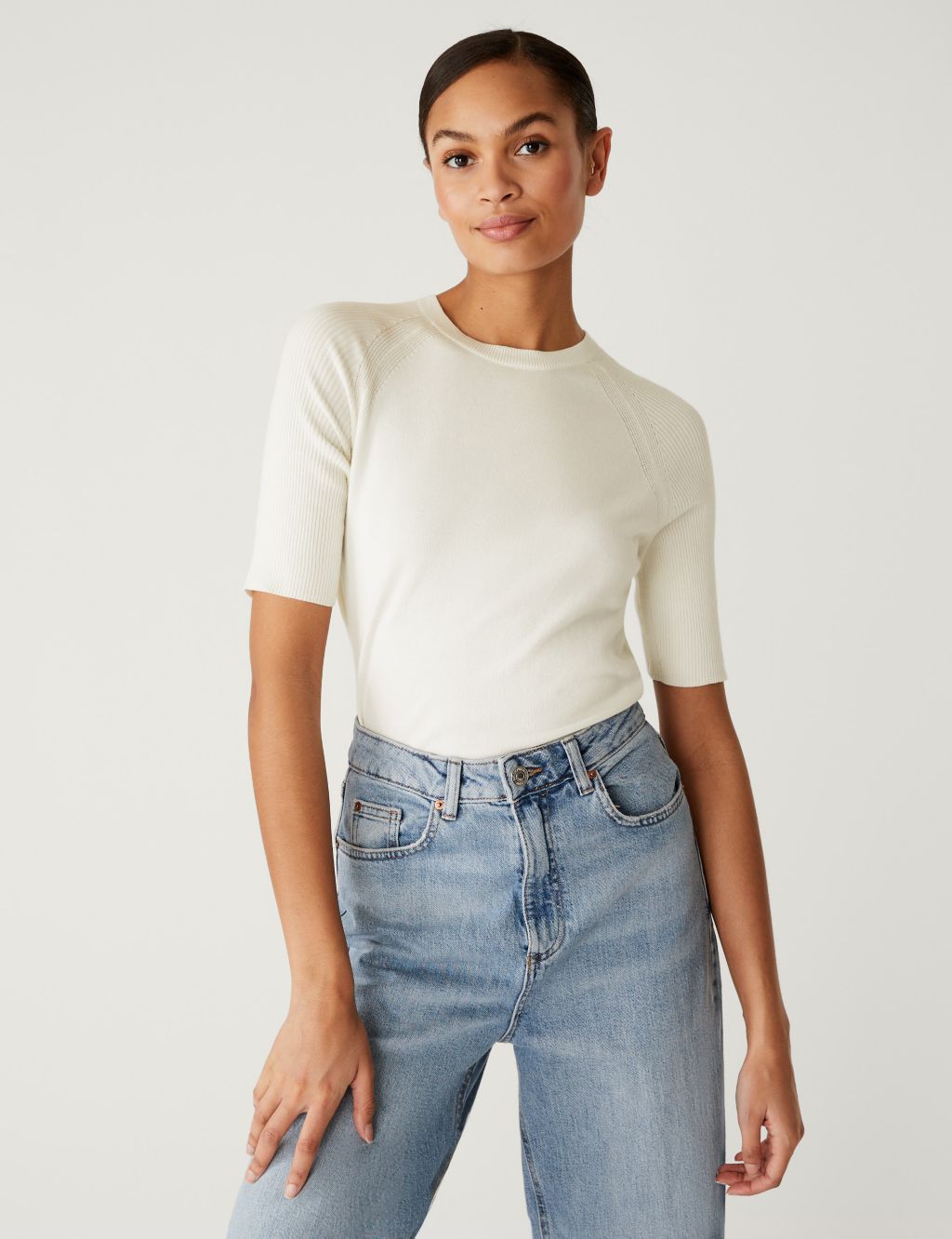 Cotton Rich Ribbed Crew Neck Knitted Top image 2