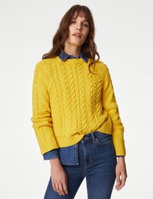 M&S Womens Cotton Rich Cable Knit Crew Neck Jumper - S - Sunshine, Sunshine,Light Natural