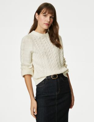 

Womens M&S Collection Cotton Rich Cable Knit Crew Neck Jumper - Light Natural, Light Natural