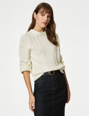 M&S Women's Cotton Rich Cable Knit Crew Neck Jumper - Light Natural, Light Natural