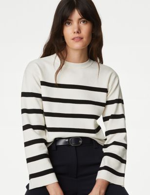 

Womens M&S Collection Cotton Rich Striped Crew Neck Jumper - Ivory Mix, Ivory Mix