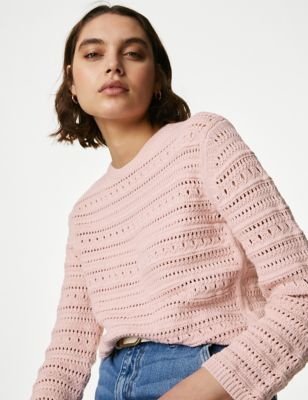 M&S Women's Cotton Rich Textured Crew Neck Jumper - S - Pink Shell, Pink Shell,Onyx
