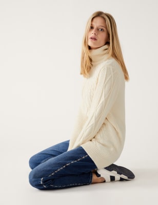 

M&S Collection Jersey largo ajustado de punto trenzado con cuello vueltoWomens - Light Cream, Light Cream