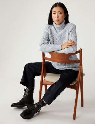 

M&S Collection Jersey largo ajustado de punto trenzado con cuello vueltoWomens - Grey Marl, Grey Marl