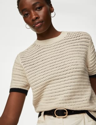 

Womens M&S Collection Cotton Rich Textured Tipped Knitted Top - Ecru Mix, Ecru Mix