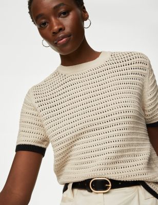 M&S Womens Cotton Rich Textured Tipped Knitted Top - S - Ecru Mix, Ecru Mix,Black Mix