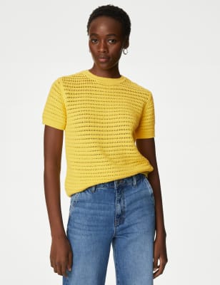 M&S Womens Cotton Rich Crew Neck Textured Knitted Top - XS - Sunshine, Sunshine,Iris