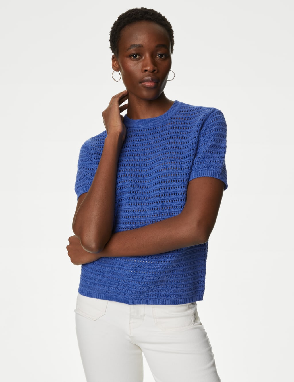 Lace V-Neck Short Sleeve Top in Linen Blend Blue, Tops & T-shirts